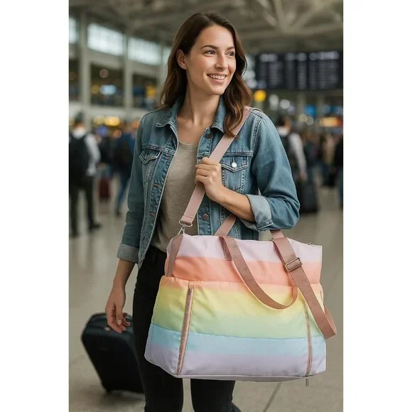 Rainbow Pastel Waterproof Beach Tote Bag for Women - Lightweight Quilted Shoulde - Picture 8 of 8